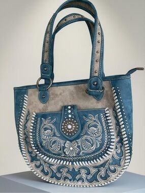 NWOT Montana West Turquoise Tooled Faux Leather Studded Western Tote Handbag